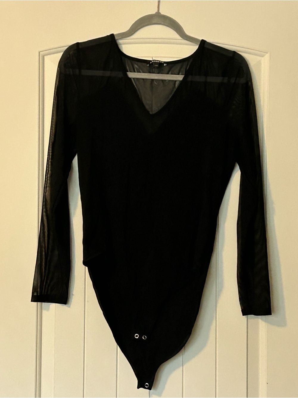 Express Black Long-Sleeve Mesh V-Neck Bodysuit